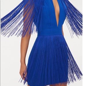 Cobalt tassel cap sleeve plunge bodycon dress